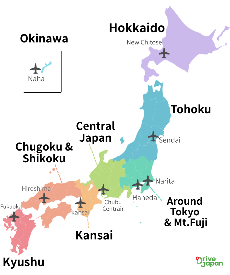 Map of Japan major regions and airports for travelers planning a road trip